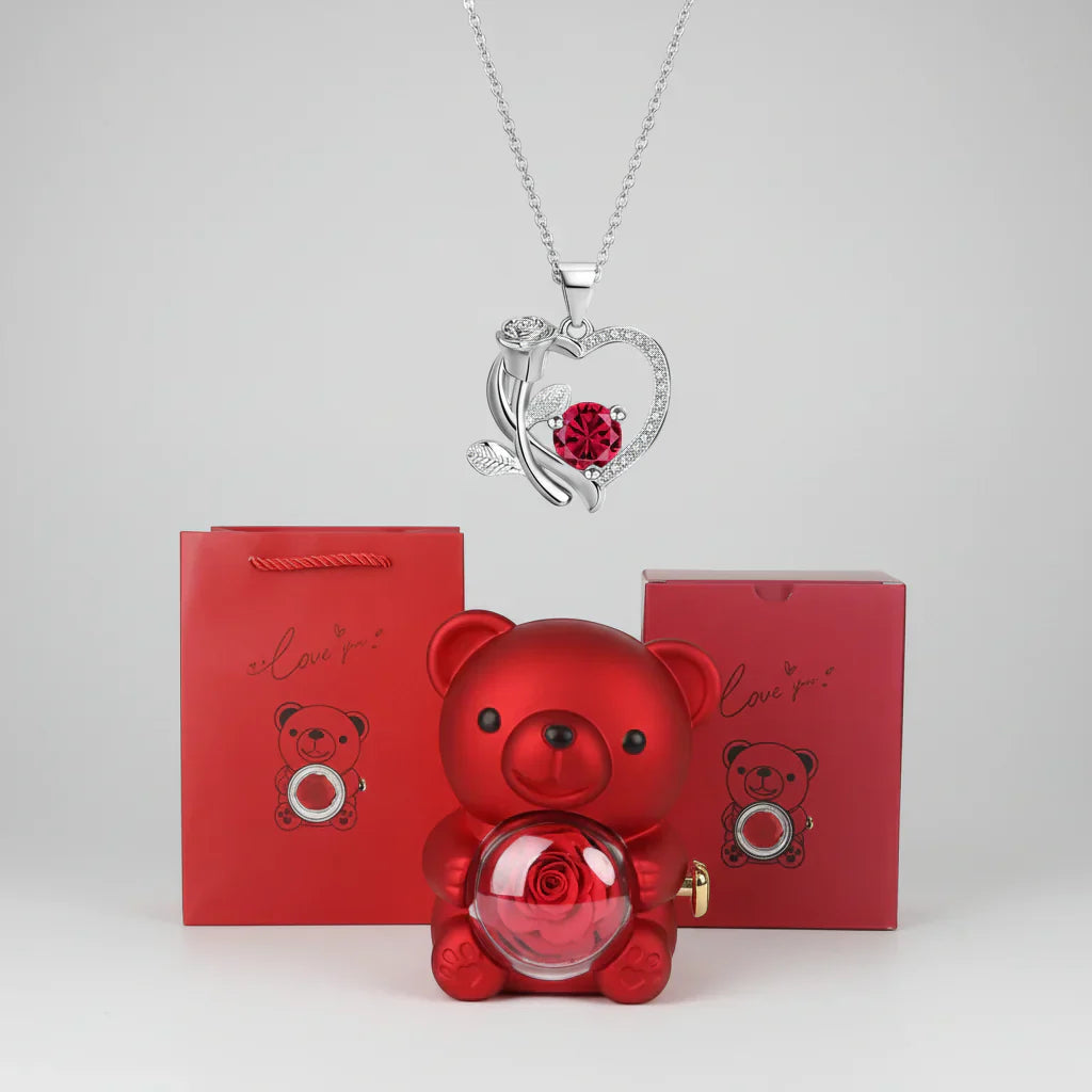 Red Heart Pendant Necklace Cute Bear Rose Gift Box