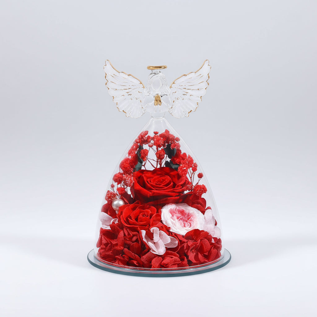 Preserved Rose Glass Angel Figurine Forever Fresh Flower