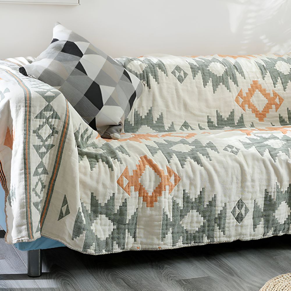 Reversible Geometric Couch Cover Blanket for Sofa and Furniture Protection
