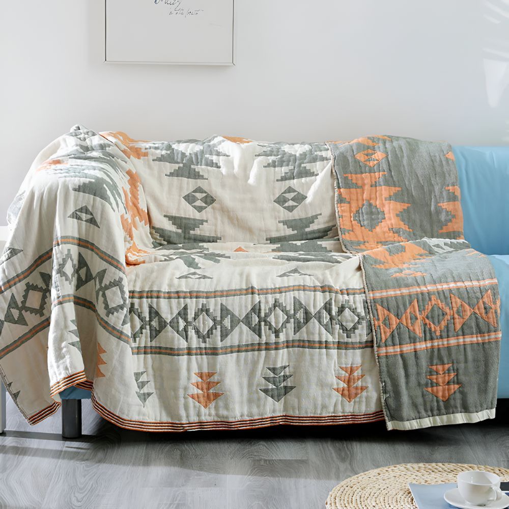 Reversible Geometric Couch Cover Blanket for Sofa and Furniture Protection