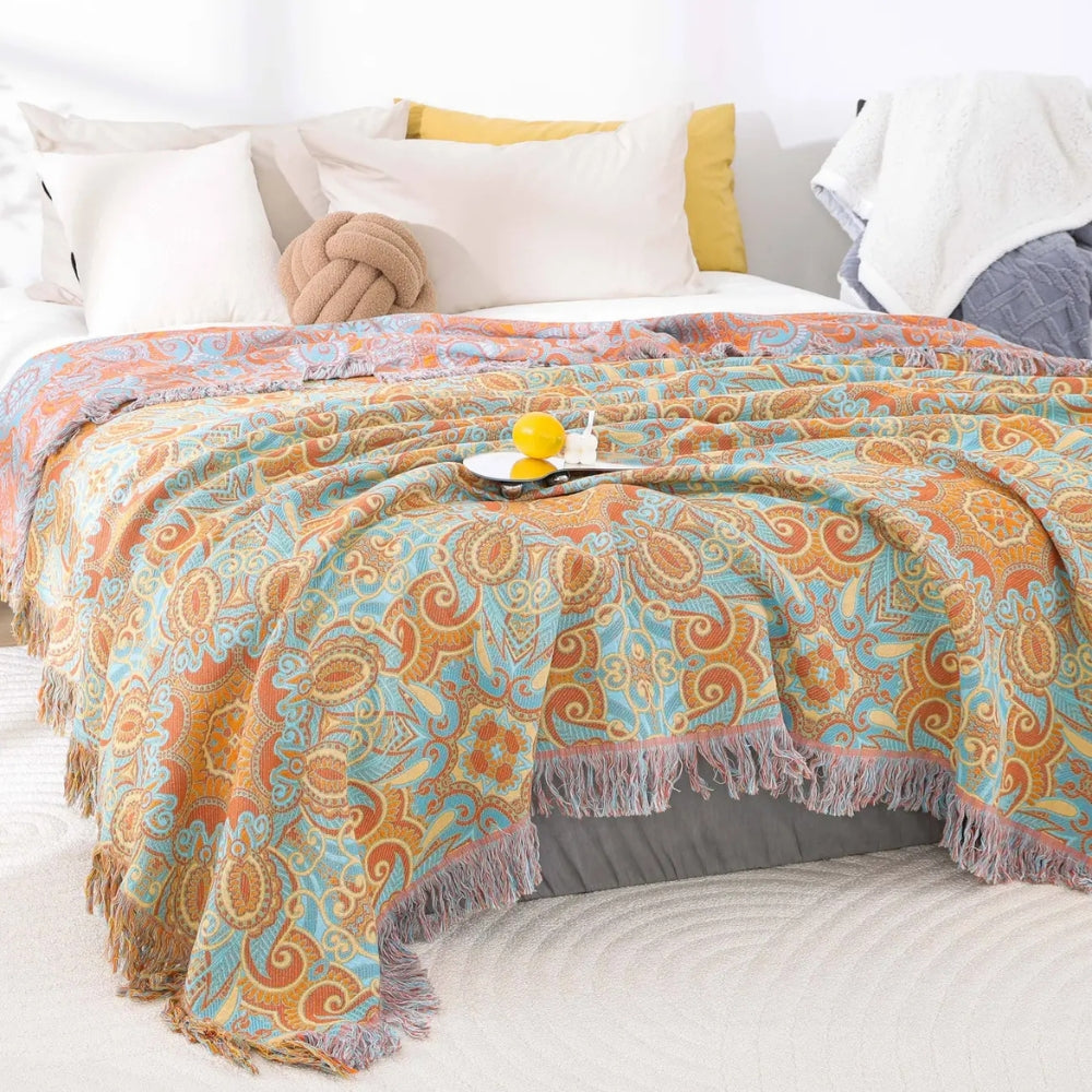 Reversible Bohemian Cotton Throw Blanket - Paisley Design for Home Decor