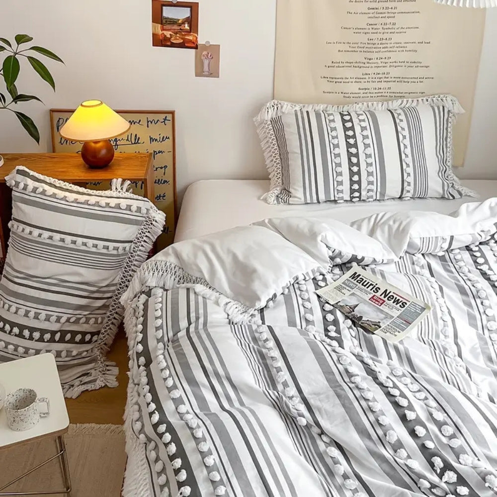 Soft Stripe Tassel Quilt Set - 3 Piece Bedding Set for Cozy Home Decor