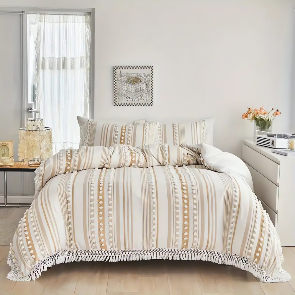 Soft Stripe Tassel Quilt Set - 3 Piece Bedding Set for Cozy Home Decor