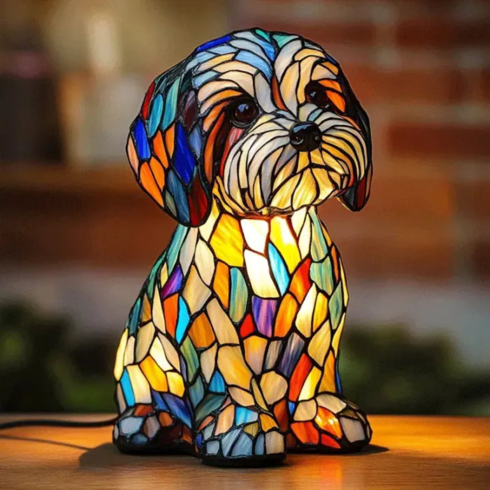 Stained Glass Dog Table Lamp | Colourful warm glow