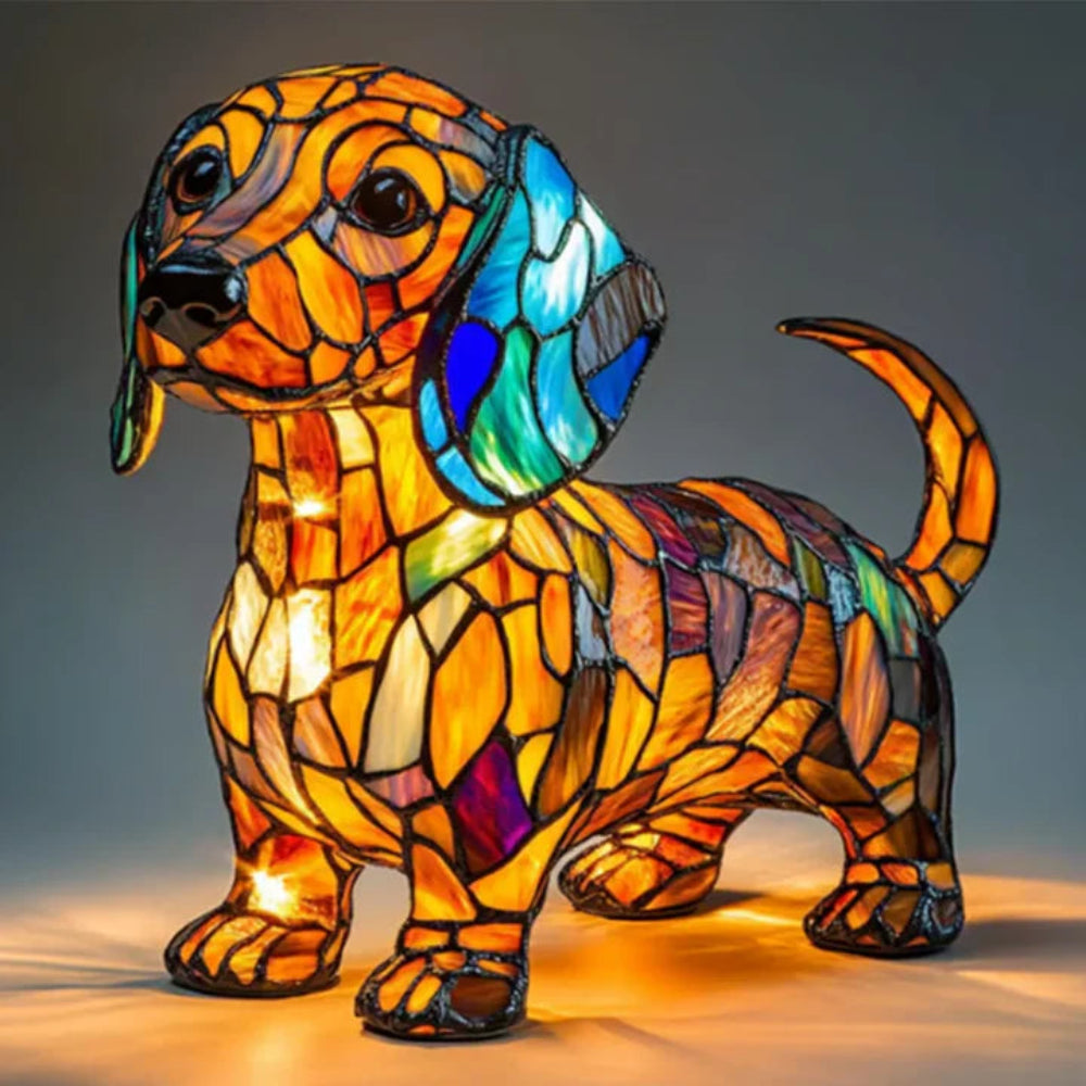 Stained Glass Dog Table Lamp | Colourful warm glow
