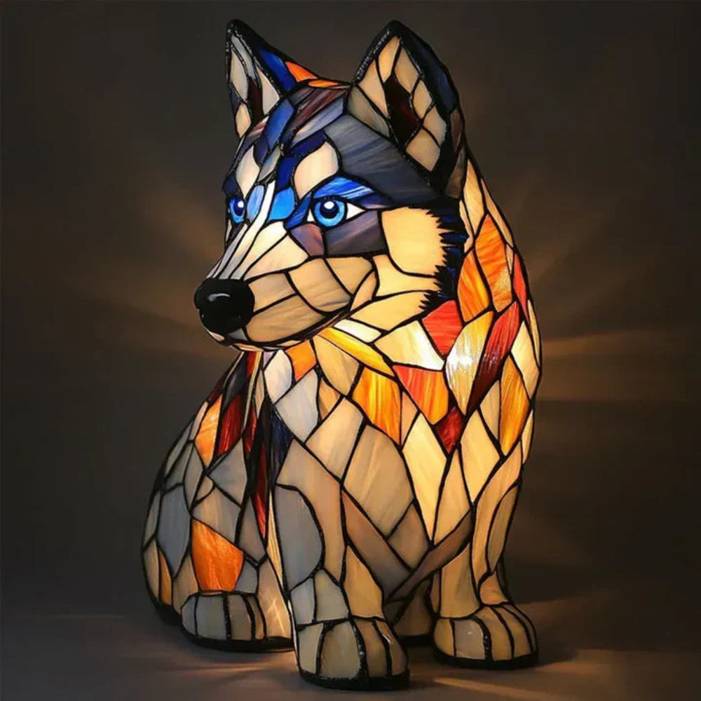 Stained Glass Dog Table Lamp | Colourful warm glow