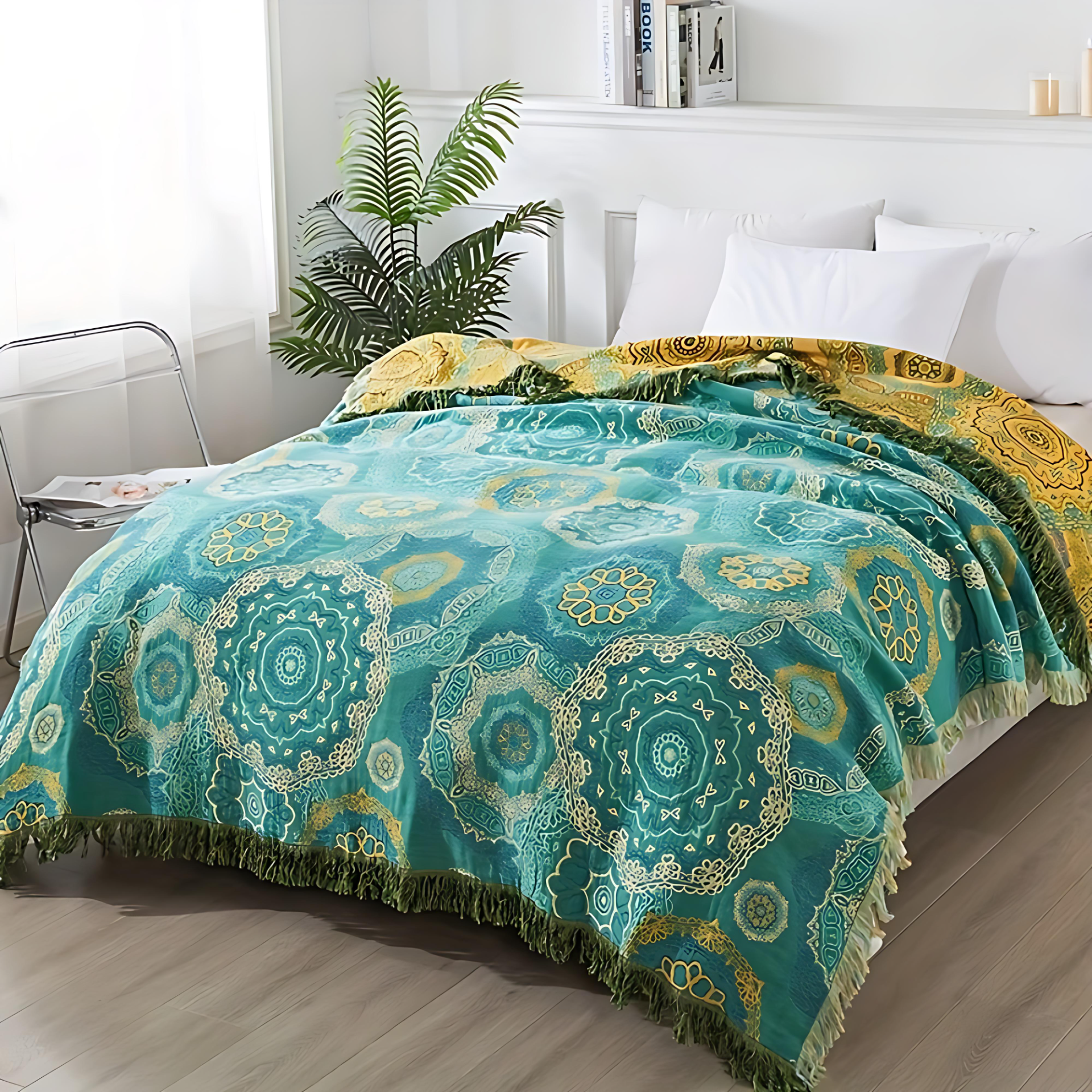 Teal Mandala Cotton Throw Blanket for All Seasons - Cozy & Stylish