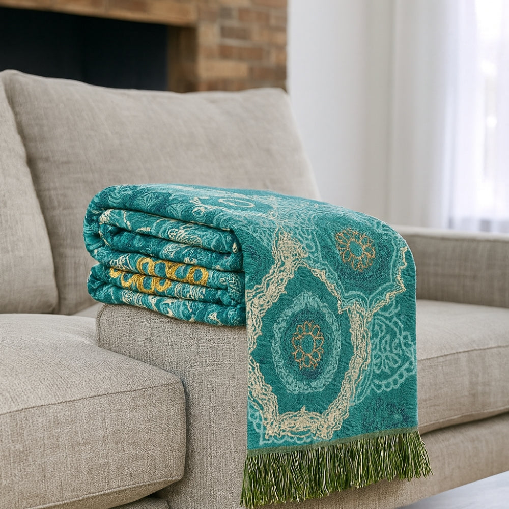 Teal Mandala Cotton Throw Blanket for All Seasons - Cozy & Stylish