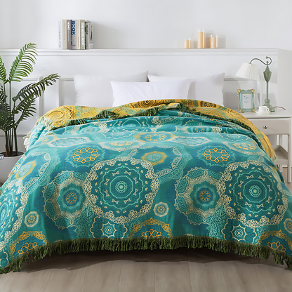 Teal Mandala Cotton Throw Blanket for All Seasons - Cozy & Stylish