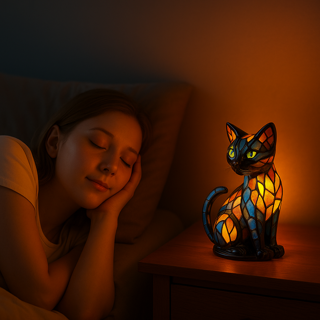 Handcrafted Glass Cat Lamp | Colour-Change Table Light