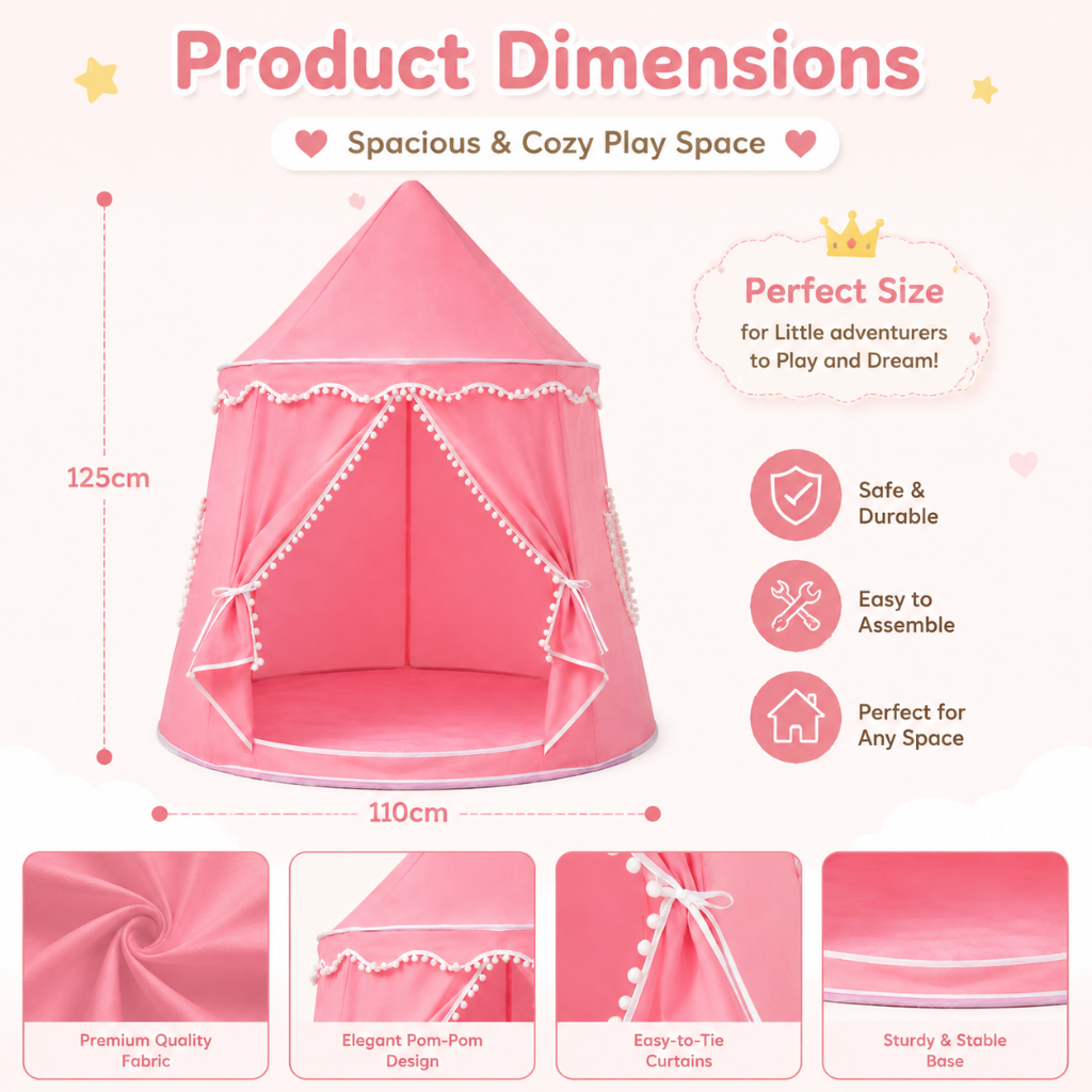 Kids' Indoor Princess Teepee Play Tent, 110 × 125 cm