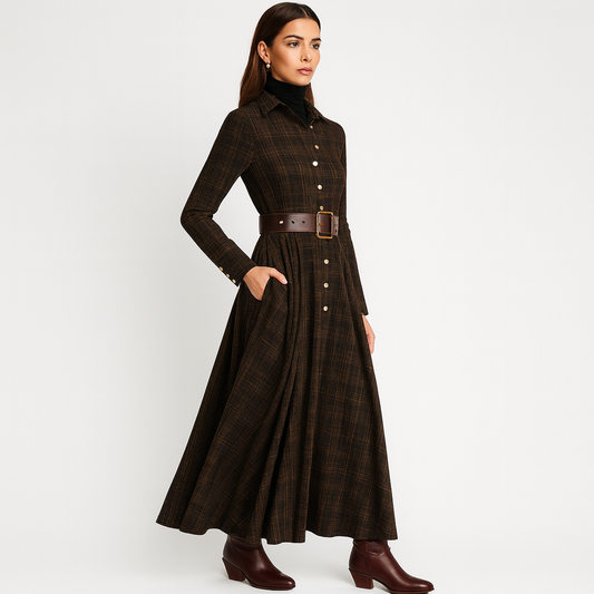 Velora Plaid Long Shirt Dress – Brown & Black Checked Elegance