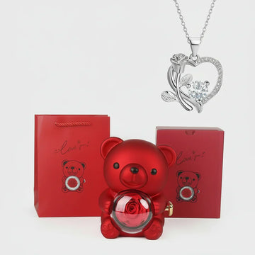 Red Heart Pendant Necklace Cute Bear Rose Gift Box