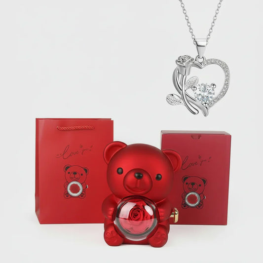 Red Heart Pendant Necklace Cute Bear Rose Gift Box