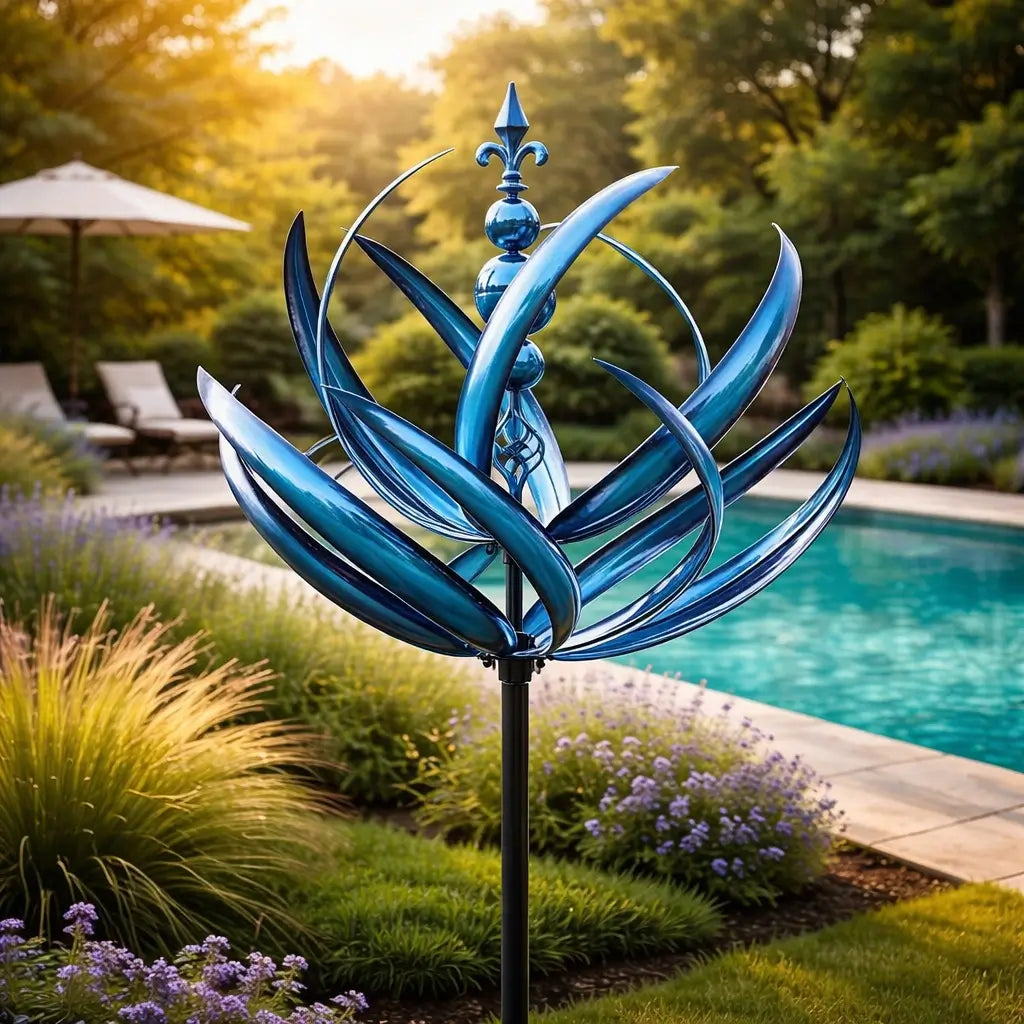 Moulin à vent de jardin en forme de lotus métallique - décoration extérieure résistante à la rouille