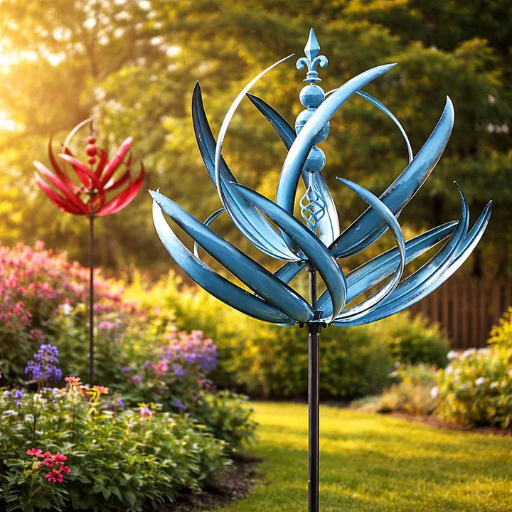 Moulin à vent de jardin en forme de lotus métallique - décoration extérieure résistante à la rouille