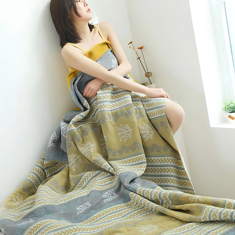 Reversible Cotton Throw Blanket - Cozy Wheatfield Dreams Design