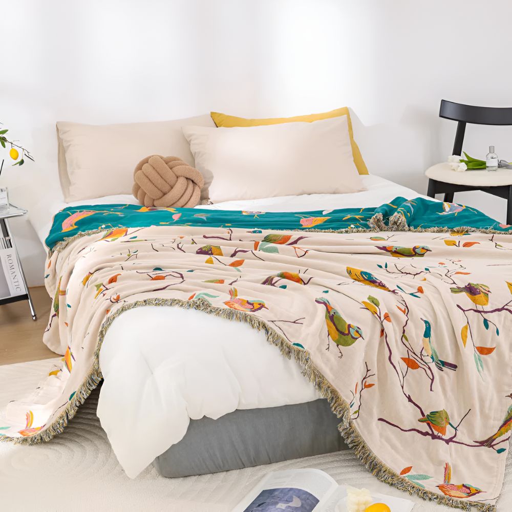 Plaid en coton avec pompons imprimé oiseaux pour décoration intérieure et cadeaux