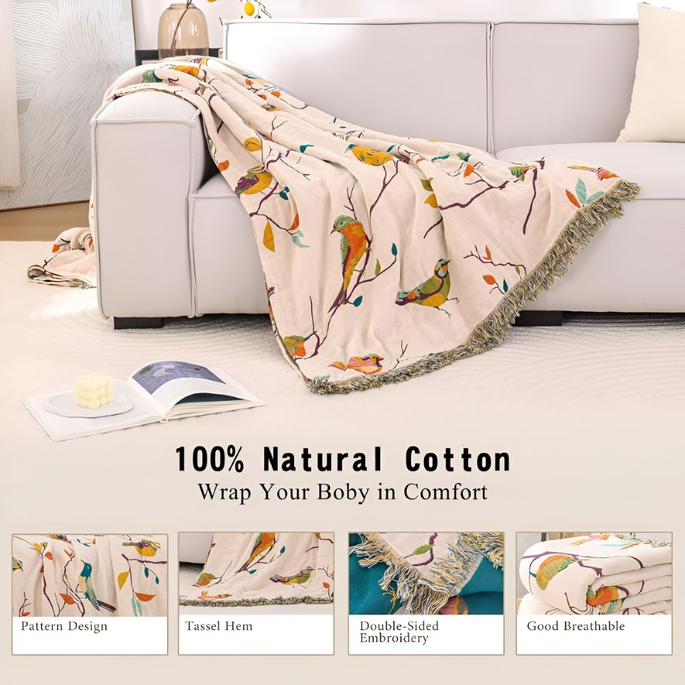 Plaid en coton avec pompons imprimé oiseaux pour décoration intérieure et cadeaux