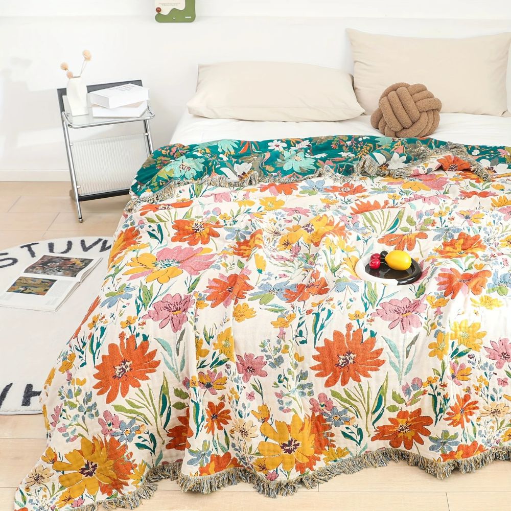 Cozy Wildflower Garden Cotton Throw Blanket for Home Decor