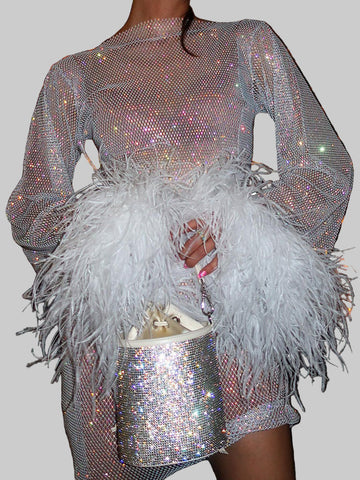 Women’s Visible Sparkly Party Evening Mini Gown with Feather Cuffs