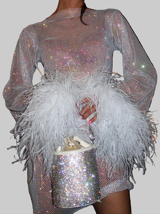 Women’s Visible Sparkly Party Evening Mini Gown with Feather Cuffs
