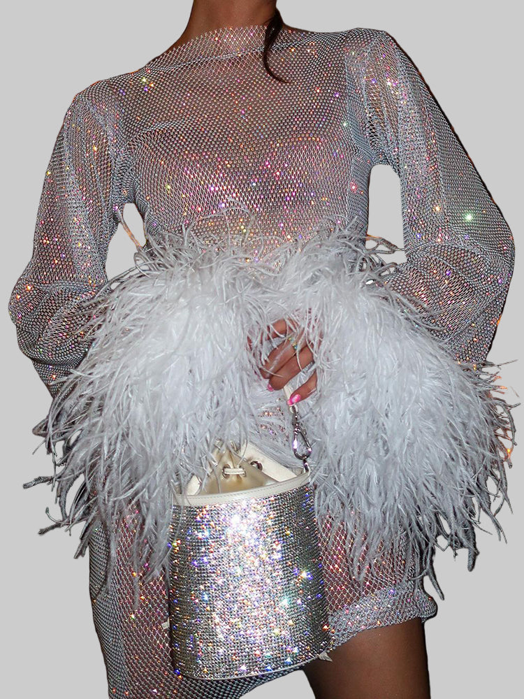 Women’s Visible Sparkly Party Evening Mini Gown with Feather Cuffs