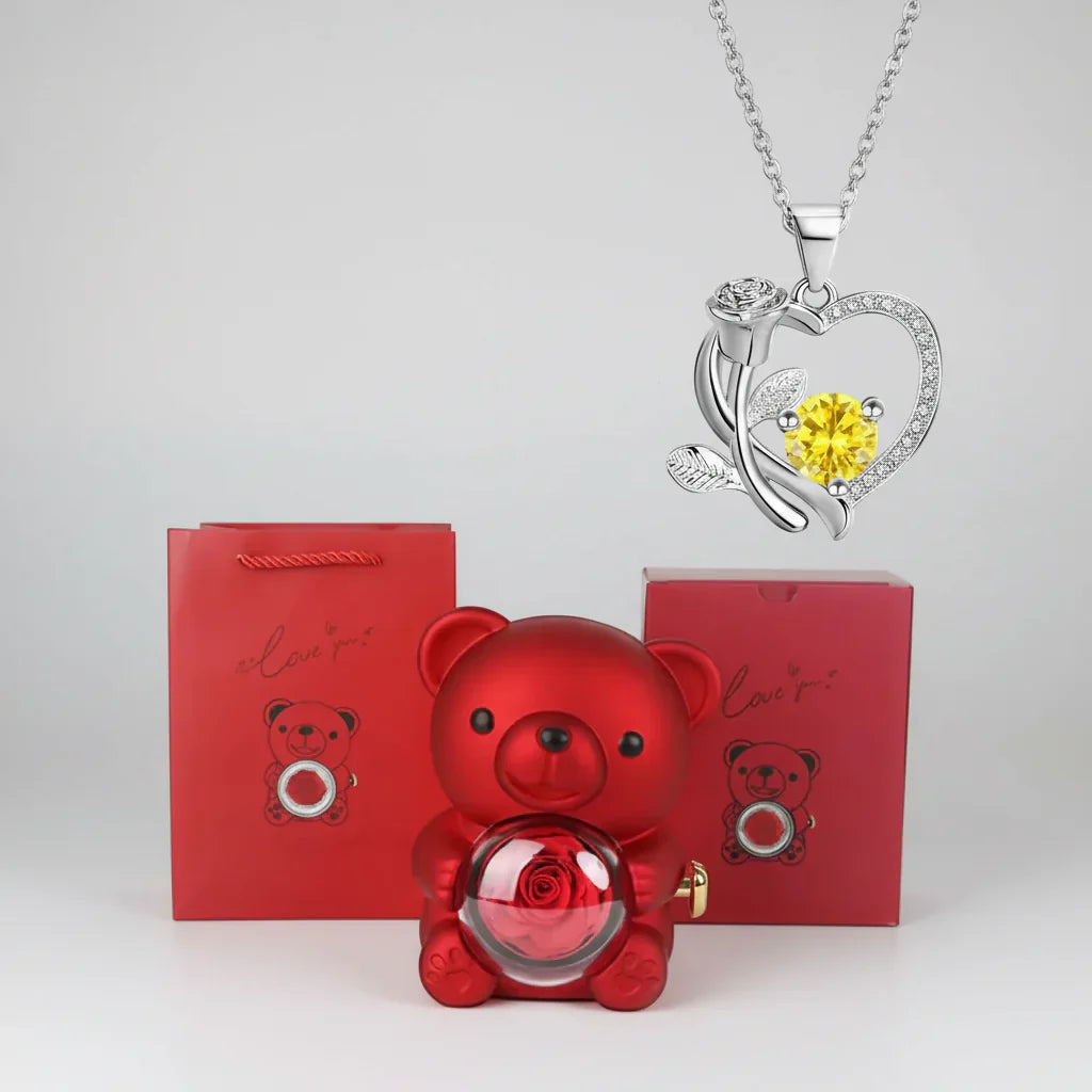 Red Heart Pendant Necklace Cute Bear Rose Gift Box