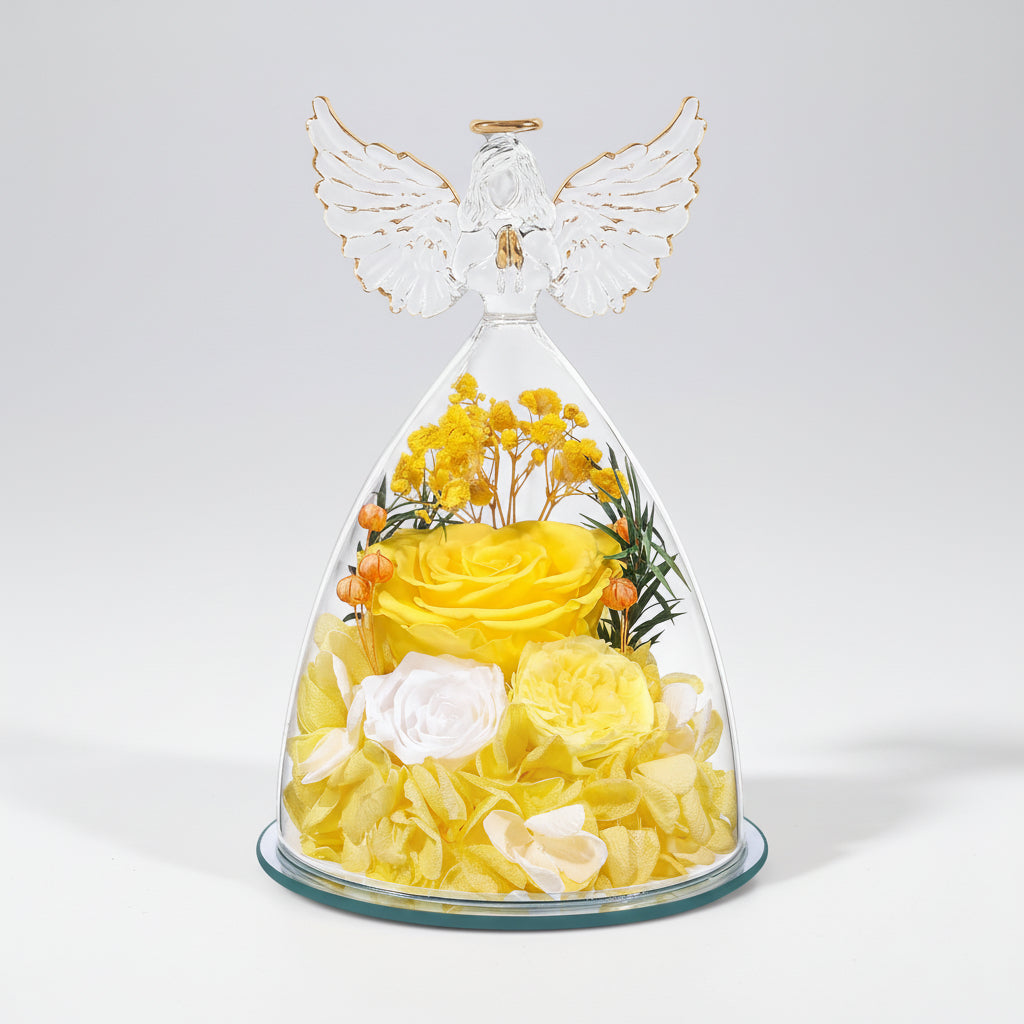 Preserved Rose Glass Angel Figurine Forever Fresh Flower