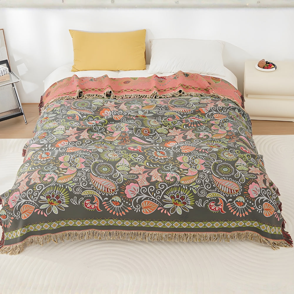 Plaid bohème réversible feuilles d’automne pour décoration intérieure chaleureuse