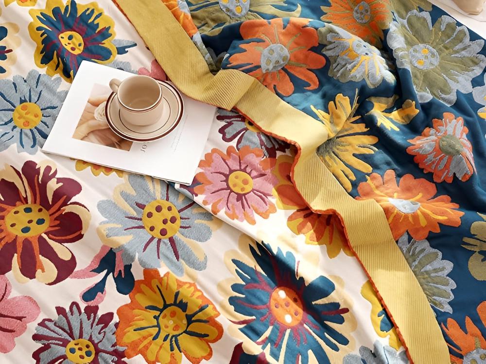 Cozy Floral Cotton Throw Blanket for Home Decor and Comfort