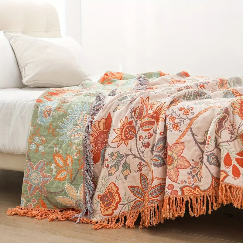Boho Floral Cotton Throw Blanket | Rustic Vintage Home Decor