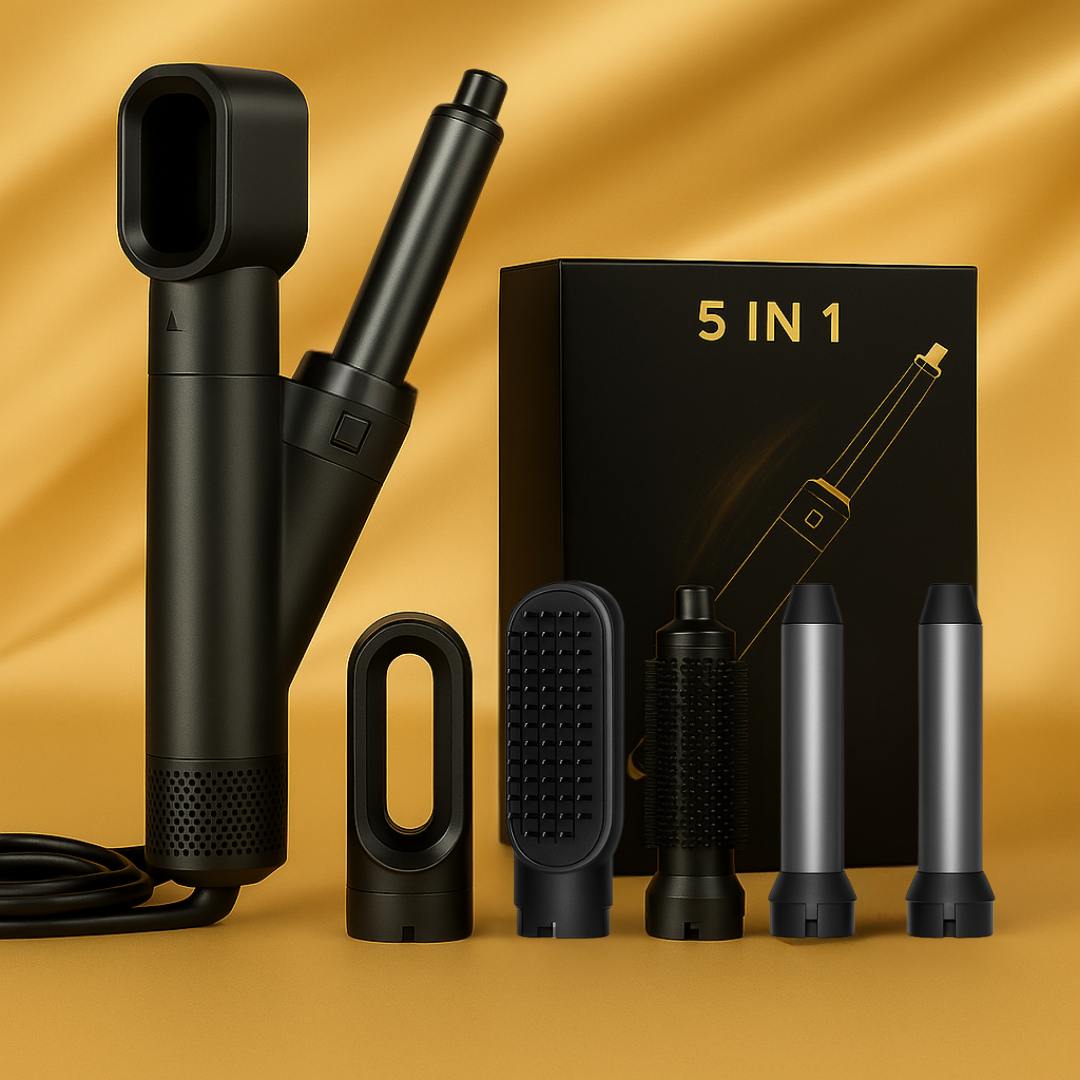 5-in-1-Heißluft-Haarstyler – Set mit Haartrockner, Lockenstab, Volumenstyler und Glättaufsatz